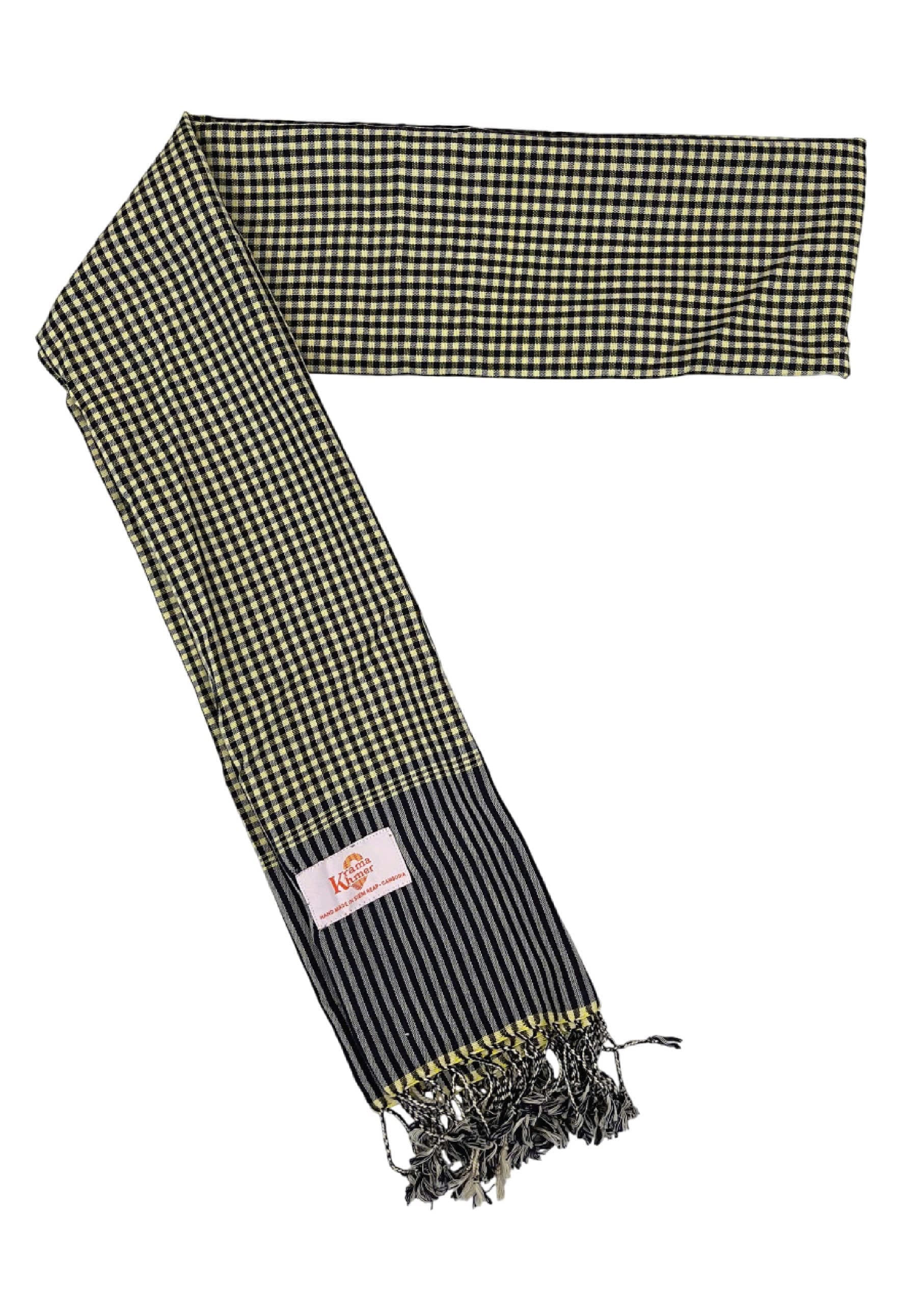 Echarpe foulard coton Krama du Cambodge Kampot jaune et bleu