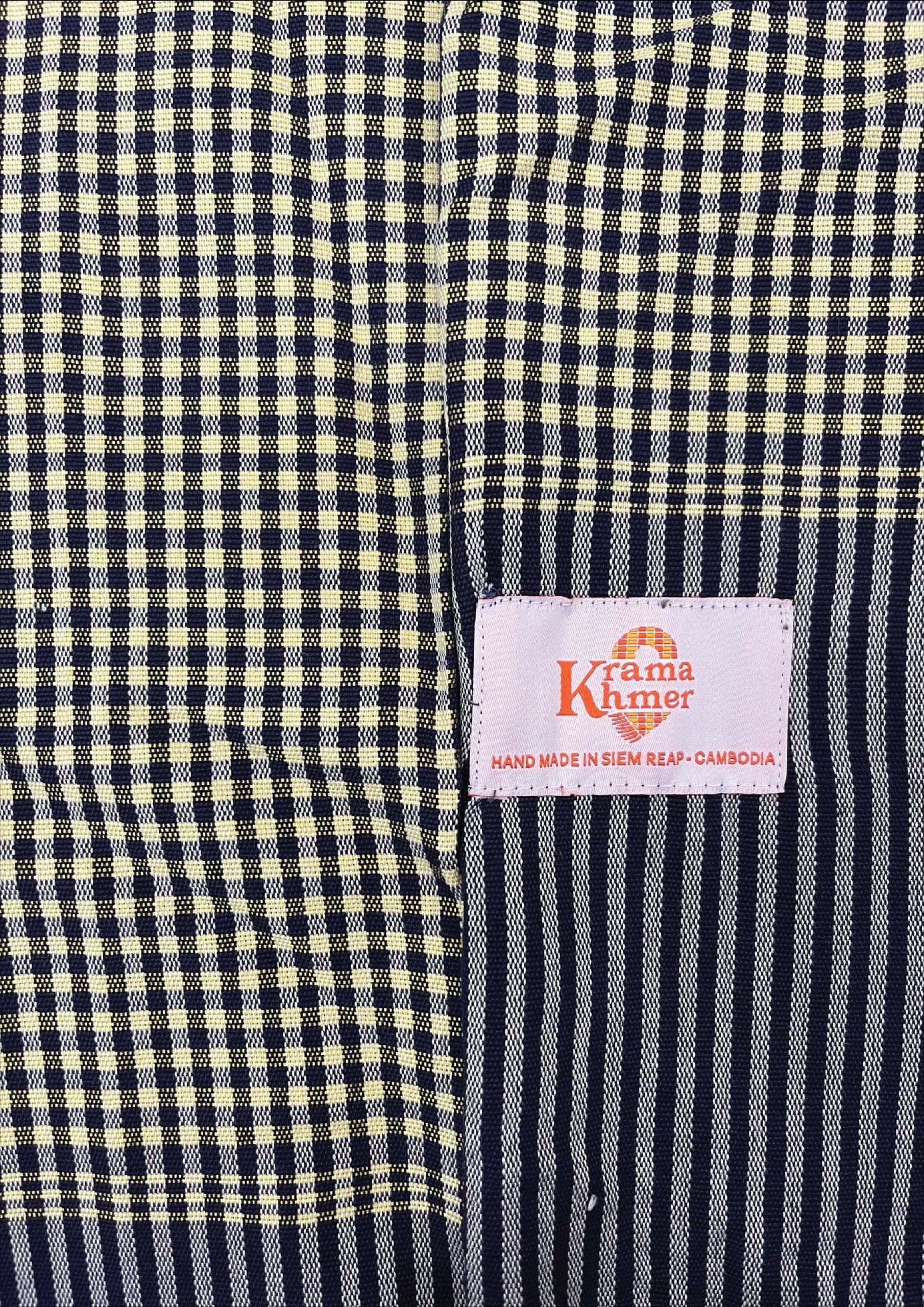 Echarpe foulard coton Krama du Cambodge Kampot jaune et bleu