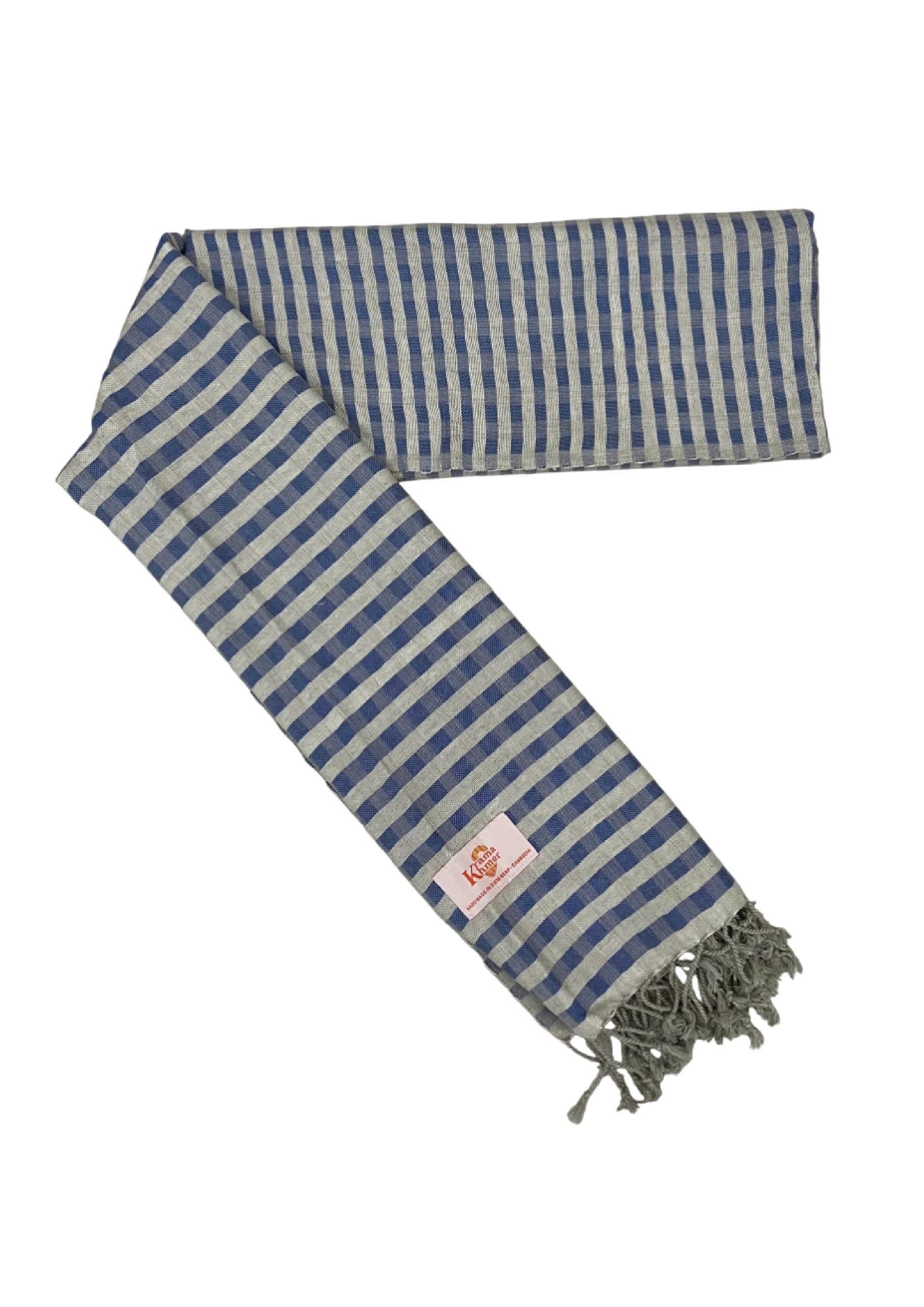 Echarpe foulard coton Krama du Cambodge Svakom Bleu Jeans XL 55x200 cm