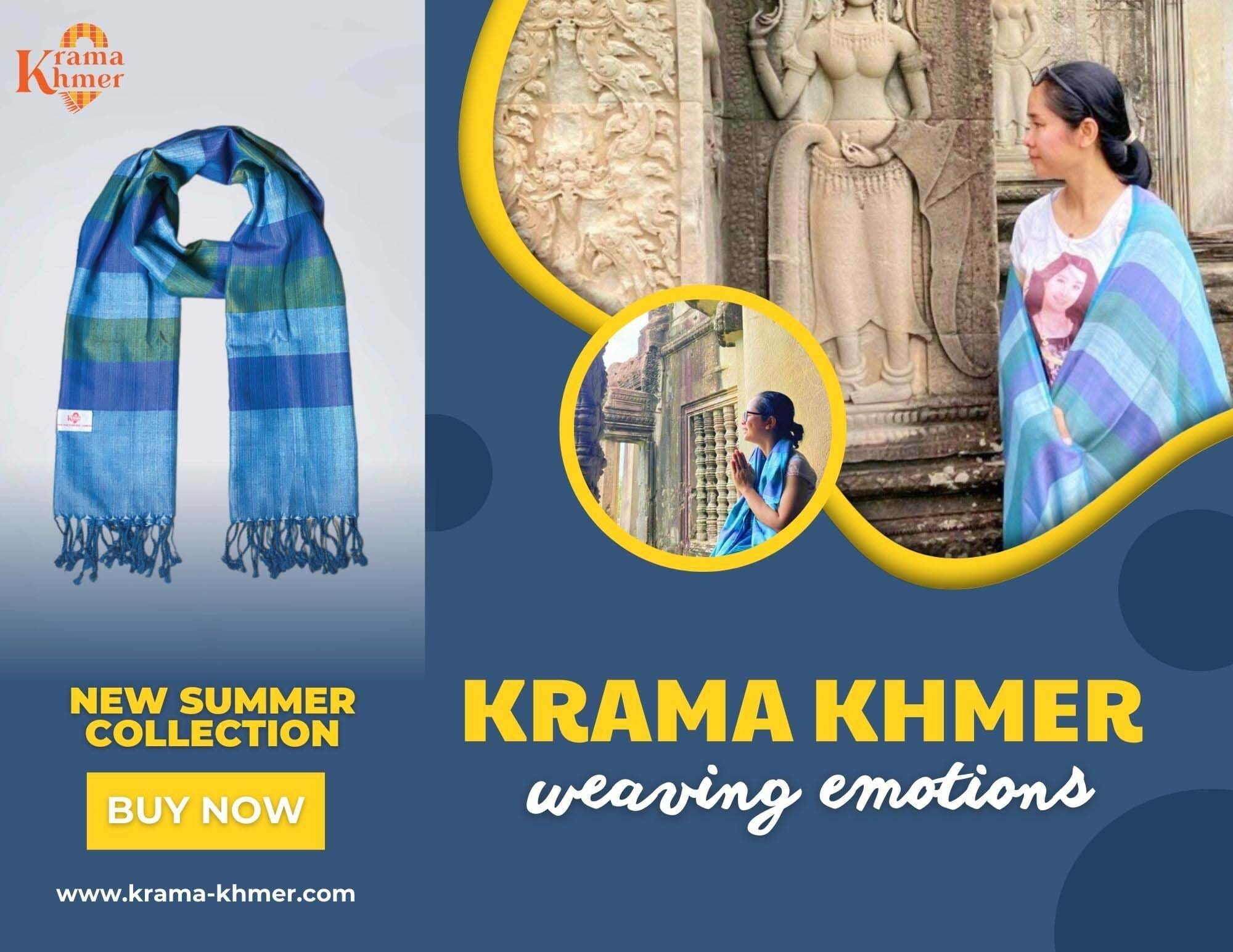 Echarpe foulard coton Krama du Cambodge Soksabay bleu et vert 55x180 cm – Image 4