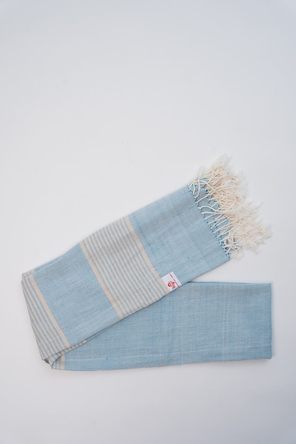 Cotton scarf headscarf Krama from Cambodia Saen light blue and white - Image 3