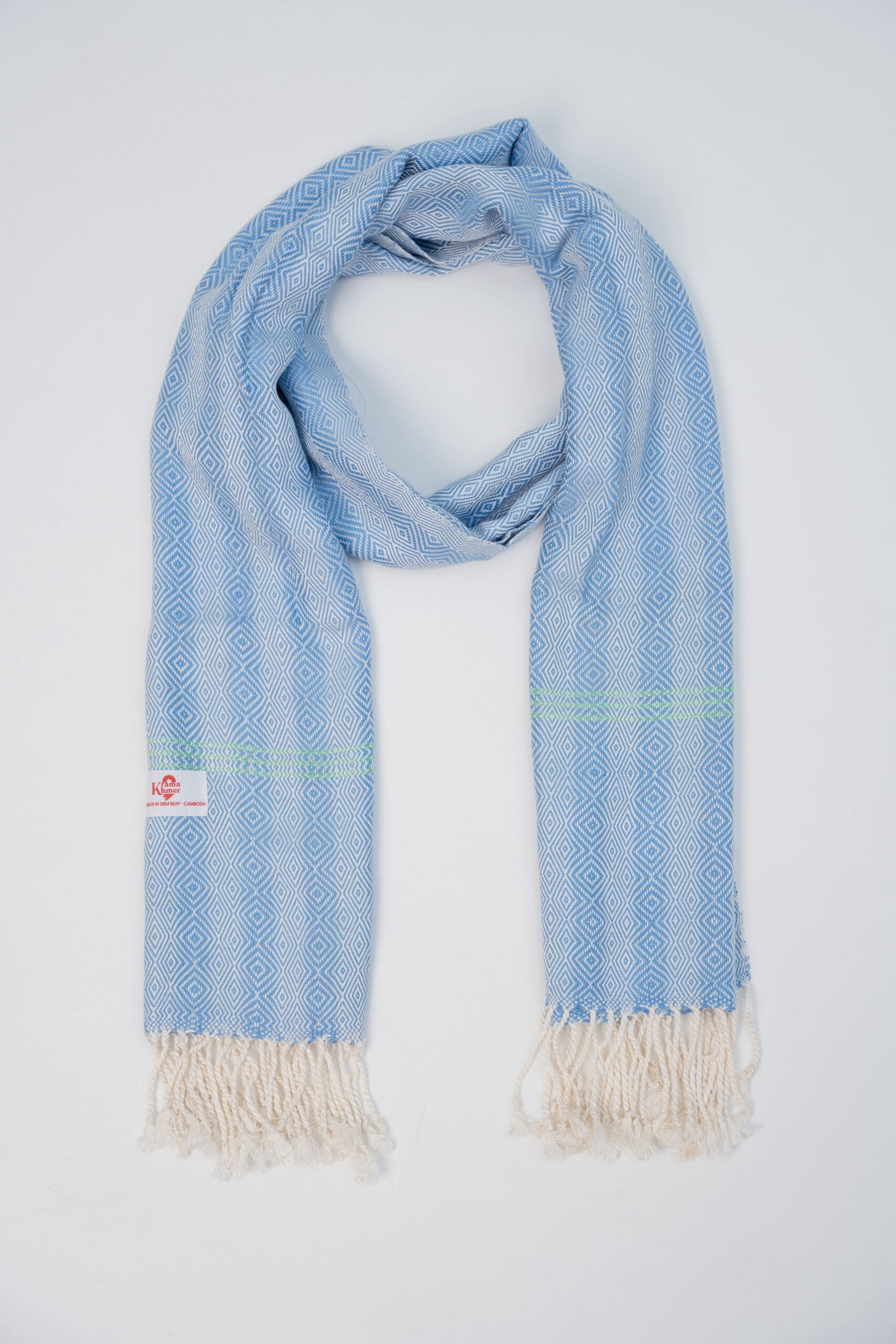 Cotton scarf headscarf Krama from Cambodia Som light blue and green