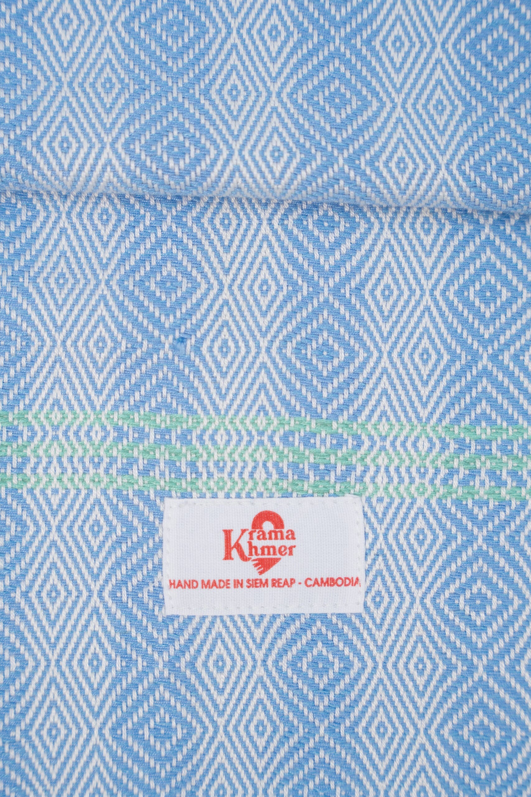 Cotton scarf headscarf Krama from Cambodia Som light blue and green - Image 2
