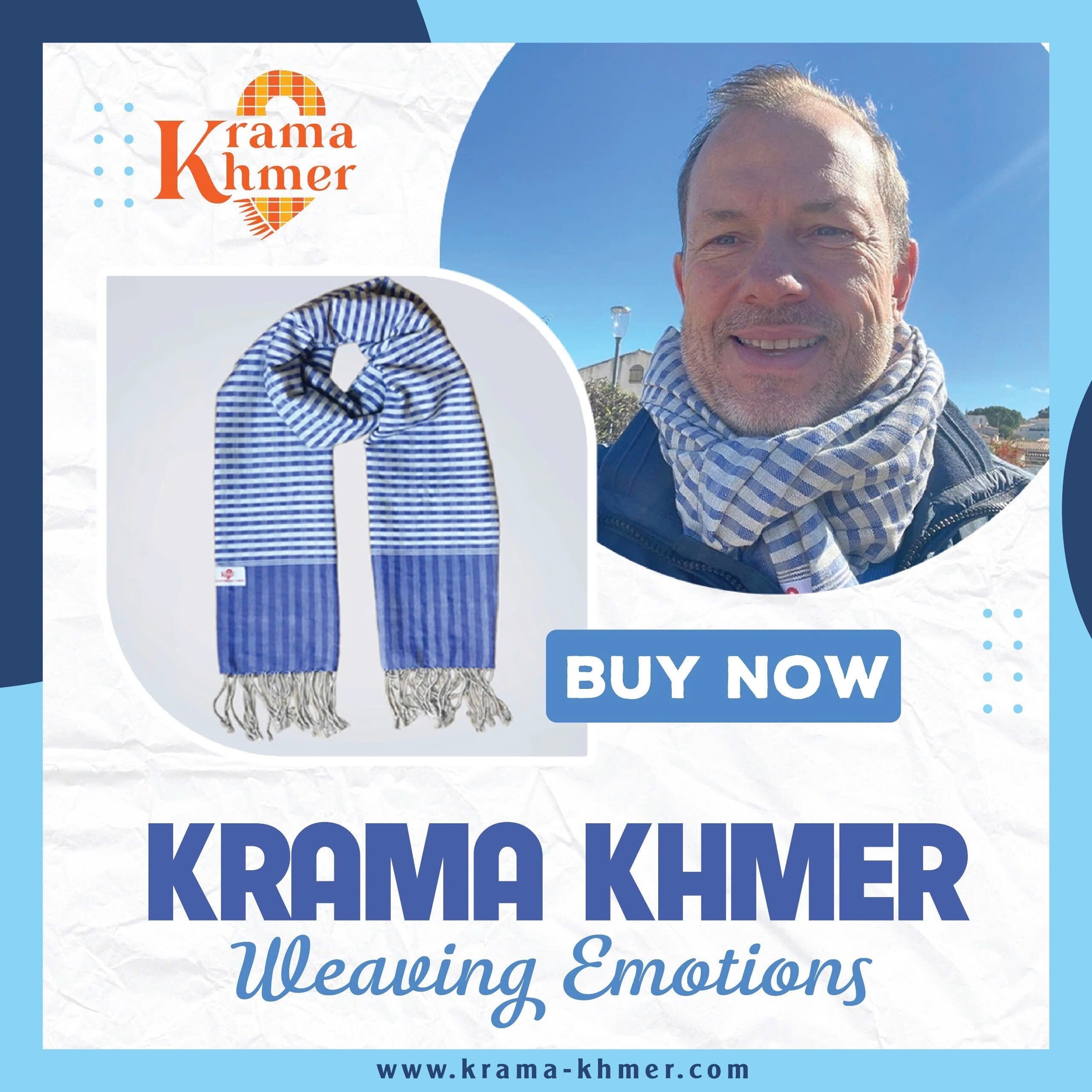 Cotton scarf headscarf Krama from Cambodia Kheew royal blue and grey 180x55 cm - Image 4