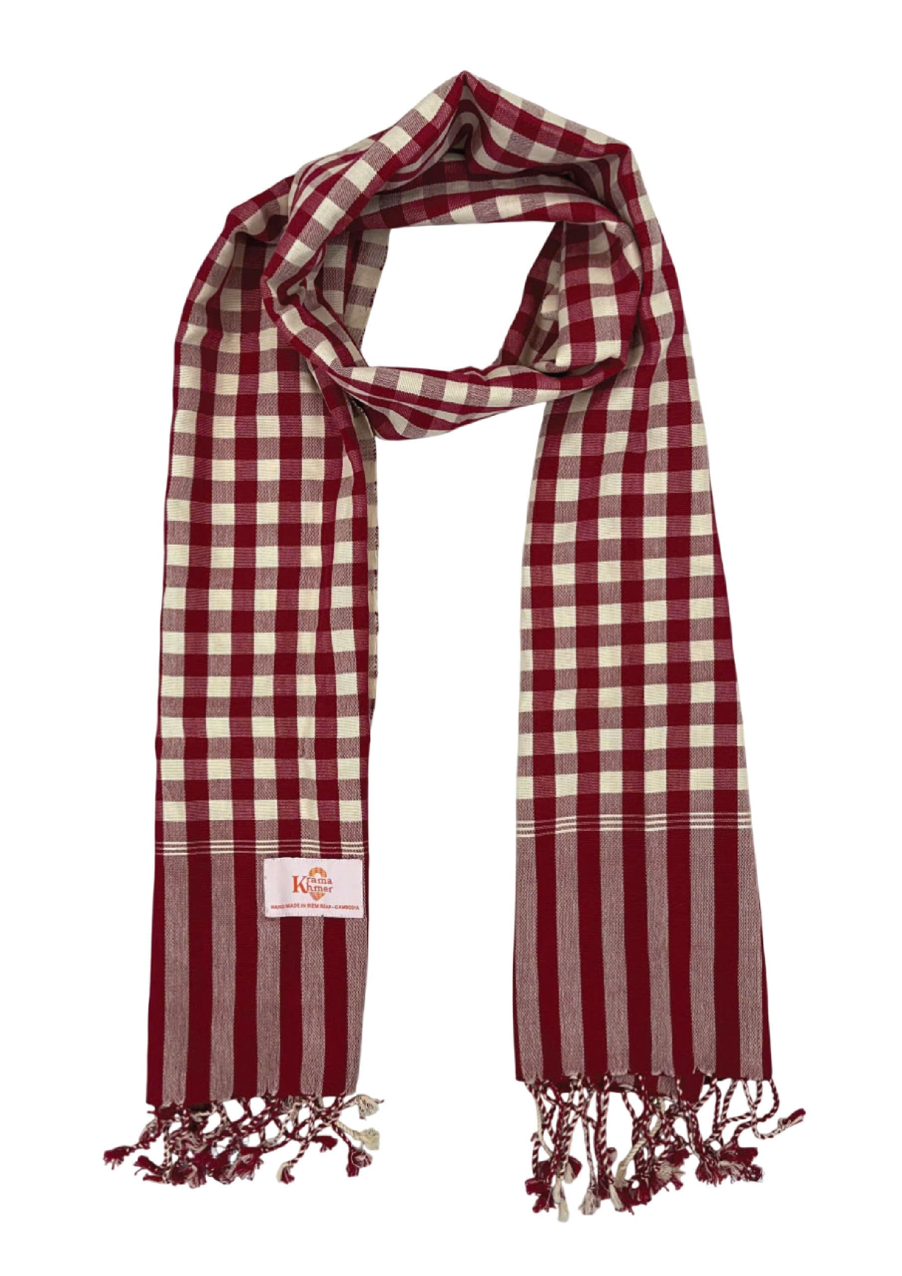 Cotton scarf headscarf Krama from Cambodia Khemara red and white XL 48x200 cm