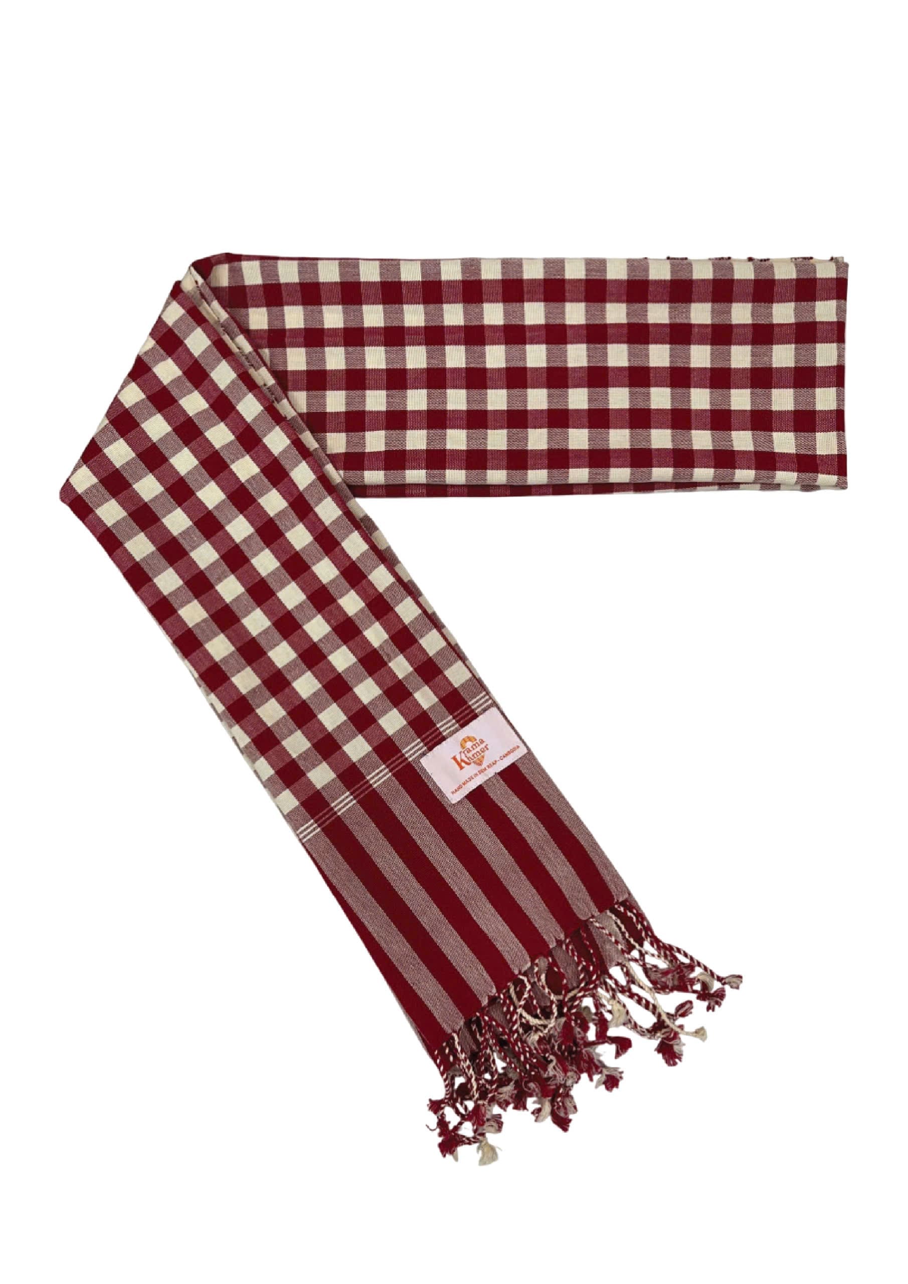 Echarpe foulard coton Krama du Cambodge Khemara rouge et blanc XL 48x200 cm
