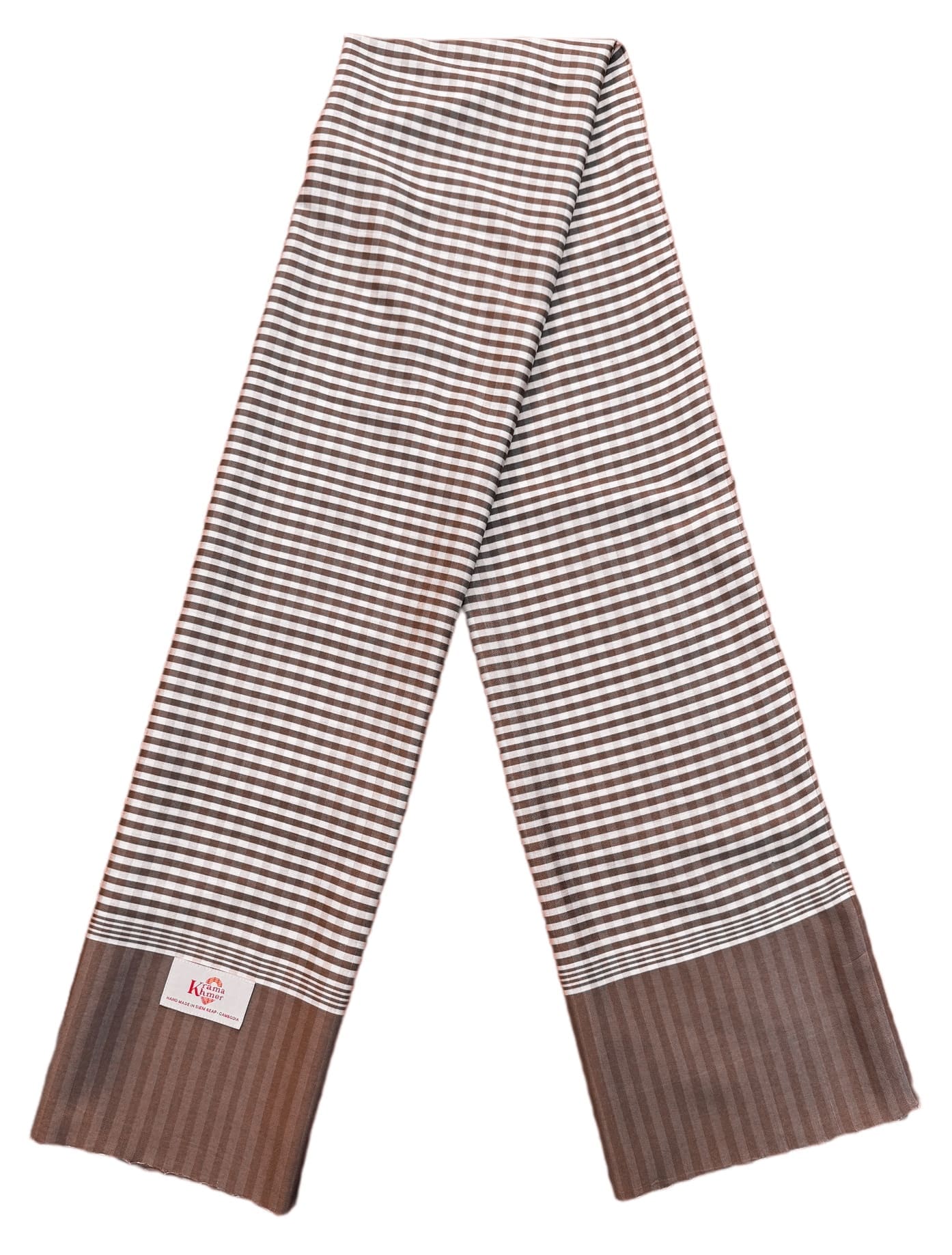 Echarpe foulard coton Krama du Cambodge soie naturelle coton Sralanh marron et blanc – Image 3